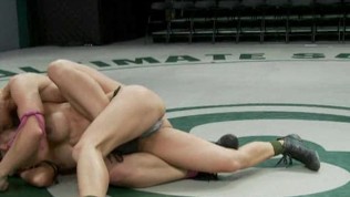 Strong tough blond battles little Asian girl